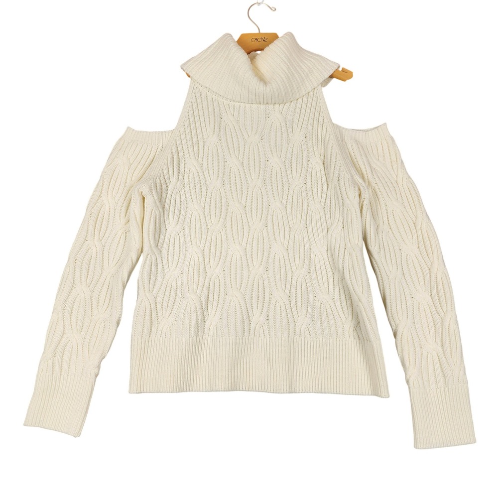 Anthropologie Cold‎ Shoulder Cable Knit Sweater Cream White Wool Blend Small